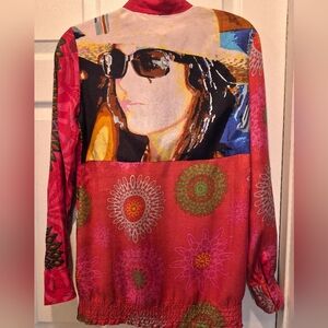 Desigual All Together Red Art To Wear L/S Portrait Blouse L Artsy Boho 70s Vibe